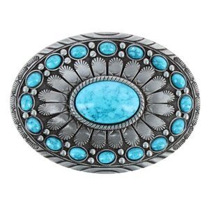 CTM Women's Oval Silver Belt Buckle with Turquoise Detail